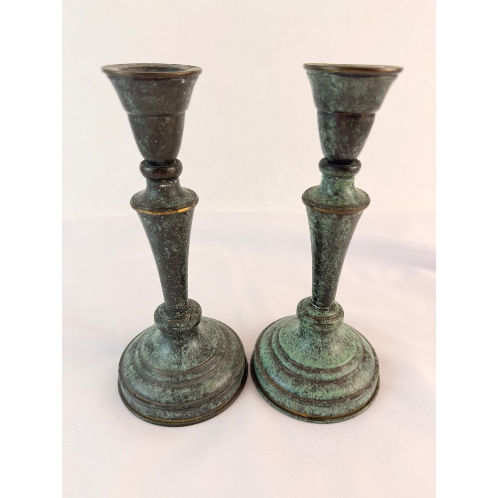 Vtg Verdigris Bronze Candlesticks Pair Made in Israel Mid Century Modern G532